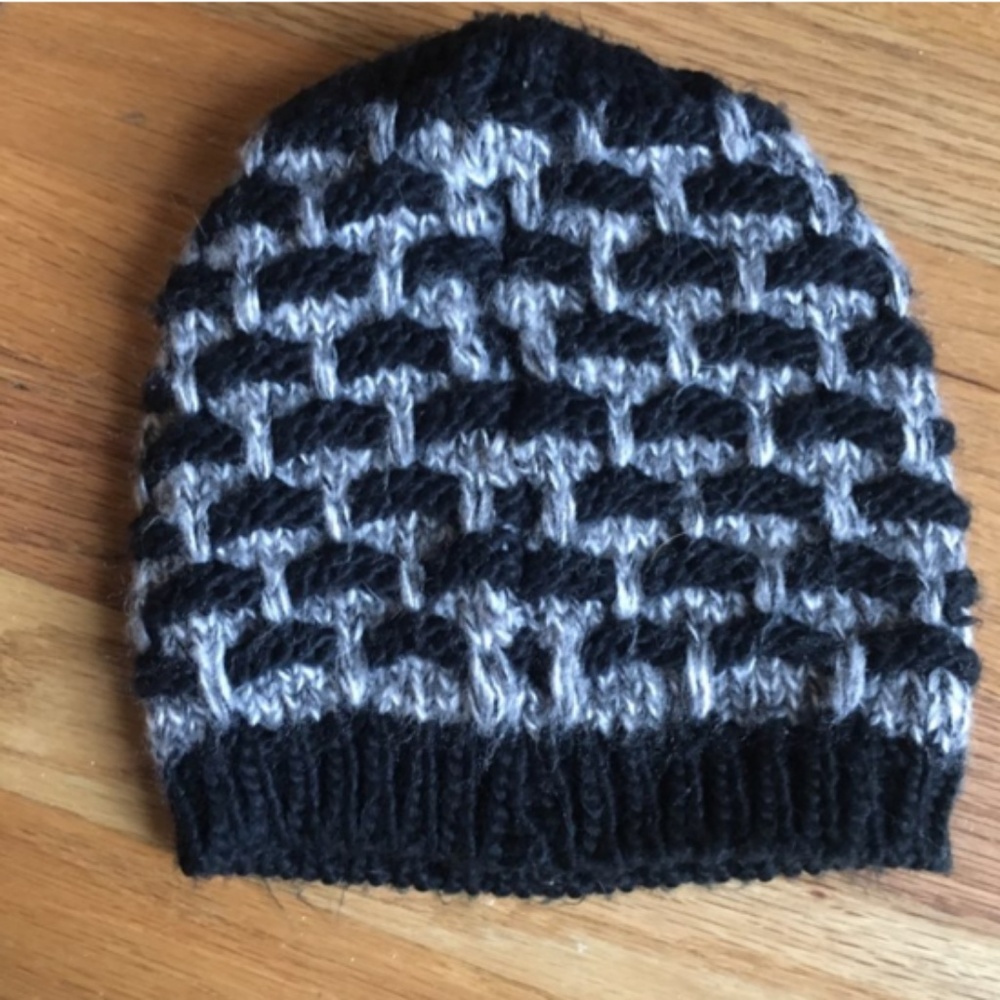 Gray Black Checkered Knit Beanie Hat